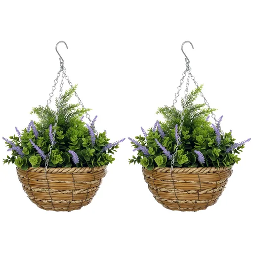 Outsunny Set 2 Plante Artificiale de Lavandă cu Ghiveci și Cârlig, Ø25x34 cm, Verde și Violet | Aosom Romania