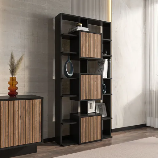 Corp biblioteca, Hanah Home, Monaco, 85x176x20 cm, Negru / Nuc deschis
