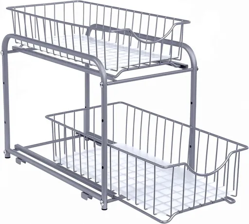 Organizator de bucatarie cu 2 cosuri glisante, Songmics, 36x21x25.5-31.5 cm, otel, argintiu