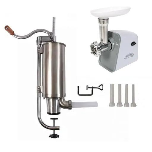 Pachet Masina Electrica de Tocat Carne, 500W, 50-70 kg/h + Masina de Umplut Carnati, Carnatar Inox, 4Kg, Vertical, 4 Palnii Incluse