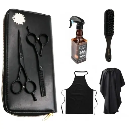 Kit Frizerie Claudiu cu Foarfeci Tuns  Filat BlackCuts, Pulverizator Wisky, Manta, Sort, Perie Fade