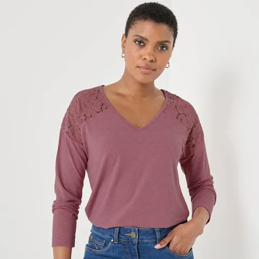 Tricou cu mânecă lungă și decolteu în V, cu dantelă