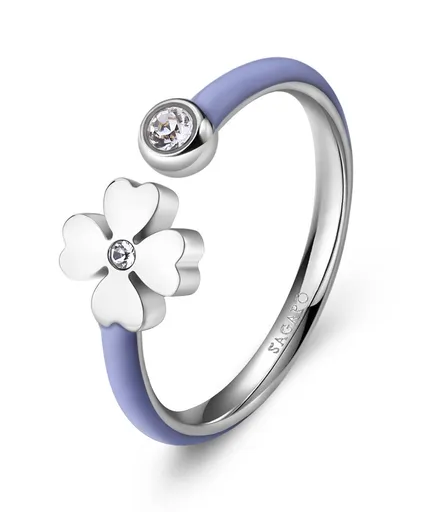 S'Agapõ Inel din oțel cu smalț violet deschis Trifoi cu patru foi Vibes SVB67