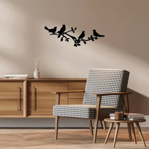 Decoratiune de perete, Birds On The Branc, 70 x 26 cm, Negru