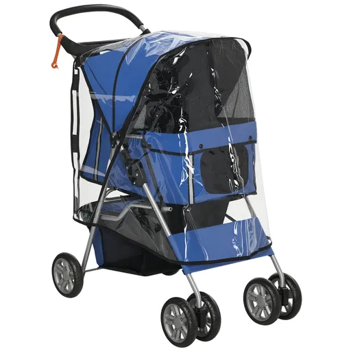 PawHut Cărucior Pliabil pentru Câini până la 10 kg cu Copertină de Ploaie, 75x45x97 cm, Albastru | Aosom Romania