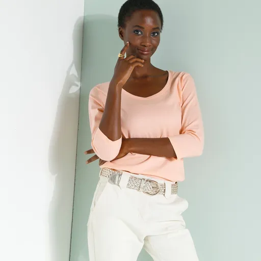 Tricou de culoare solidă cu mâneci 3/4 și decolteu rotund