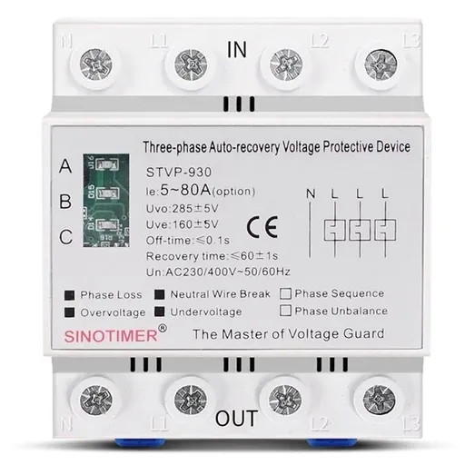 Releu trifazic Sinotimer, protectie supratensiune si subtensiune, 80A, recuperare automata, STVP-930-80A