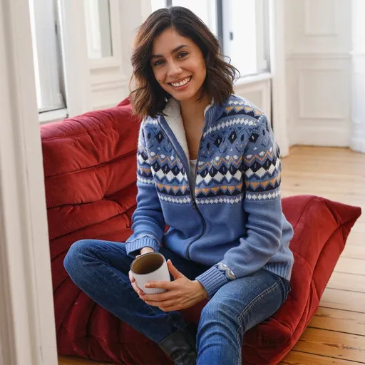 Pulover cu fermoar cu model jacquard și căptușeală moale