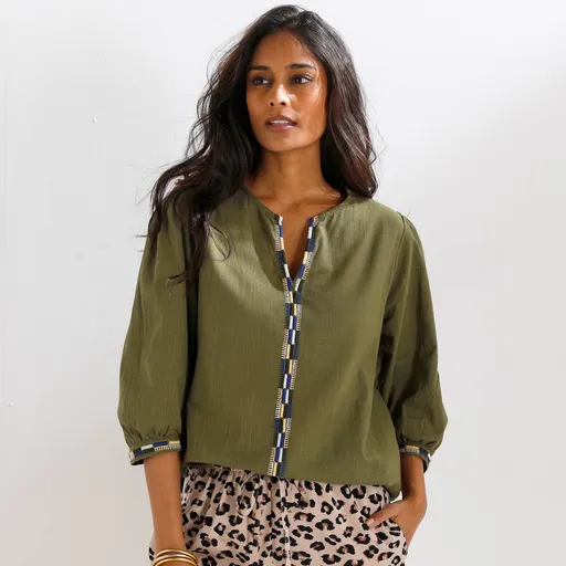 Bluză cu broderie și mâneci 3/4, bumbac