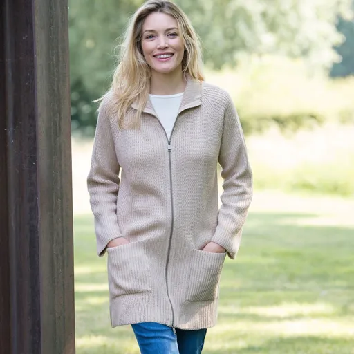 Pulover lung cu fermoar, în tricot simplu