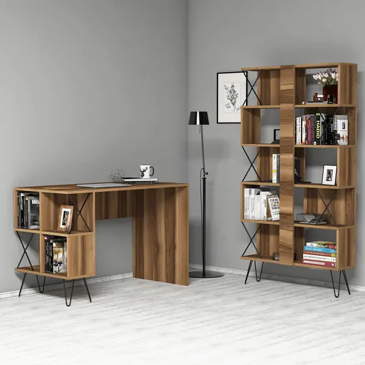 Set birou si biblioteca, Hanah Home, Extra, 120x78.8x60 cm, Nuc / Negru