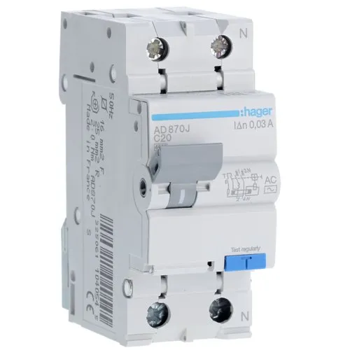 Disjunctor diferential RCBO 1P+N 20A/30mA tip AC Hager AD870J