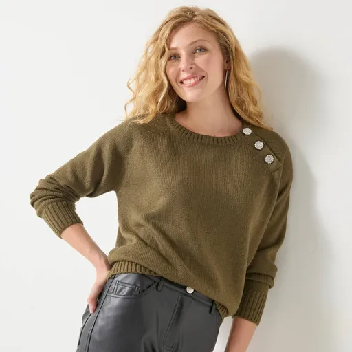 Pulover cu nasturi decorativi bijou pe umăr