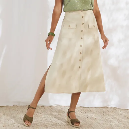 Fustă midi cu nasturi, amestec de bumbac și in