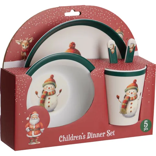 Set de masă pentru copii din melamină, 5 piese,Om de zăpadă, verde