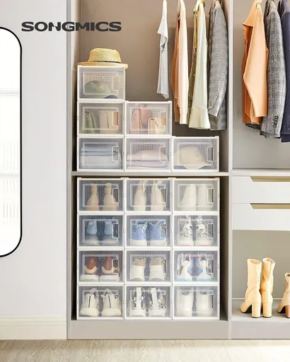 Set 18 cutii de pantofi, Songmics, 35x25x18.5 cm, polipropilena, transparent/alb