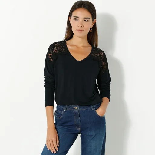 Tricou cu decolteu în V, cu mâneci lungi și dantelă pe umeri