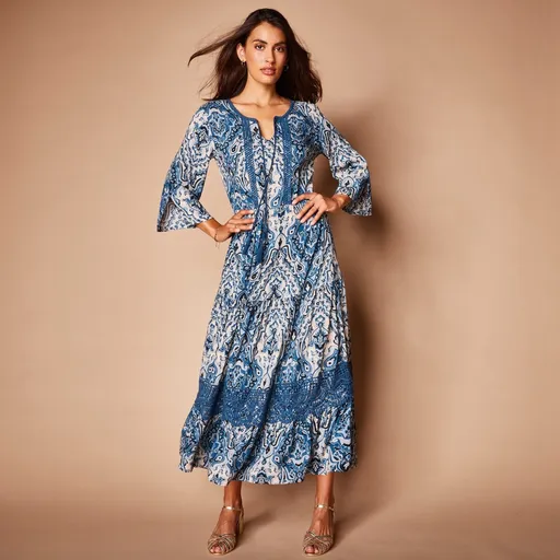 Rochie lungă cu mâneci 3/4 și macramé, imprimată