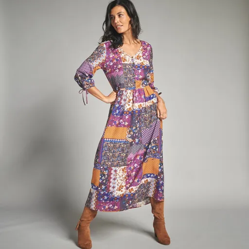 Rochie lungă cu decolteu în V și imprimeu patchwork