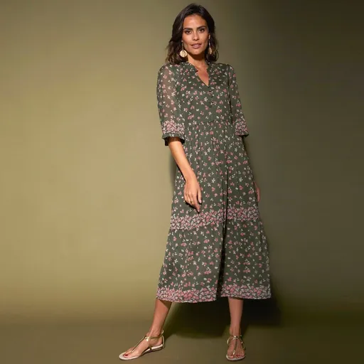 Rochie încrețită cu imprimeu și mâneci până la cot