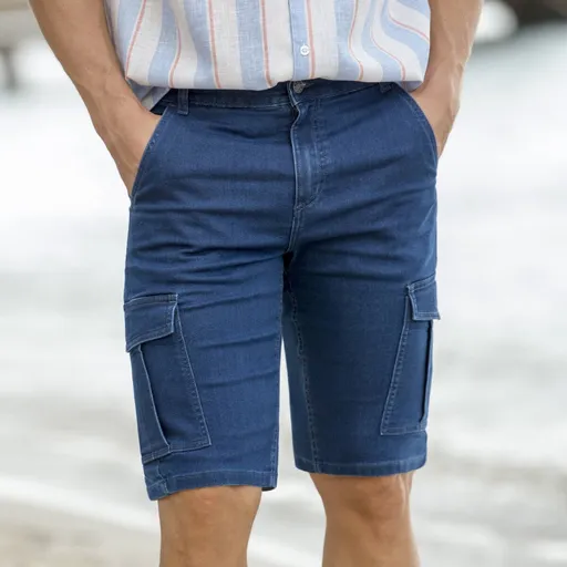 Bermude cargo din denim elastic