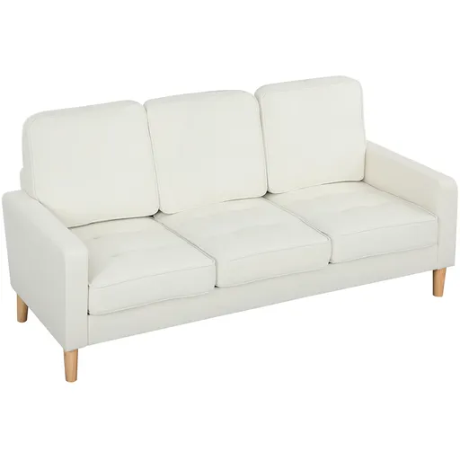 HOMCOM Canapea cu 3 locuri cu perne groase, lemn de cauciuc, acoperiș textil, canapea capitonată pentru sufragerie, birou, dormitor, crem-alb | Aosom