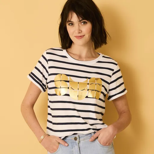 Tricou dungat cu gât rotund și mâneci scurte, imprimeu cu soare