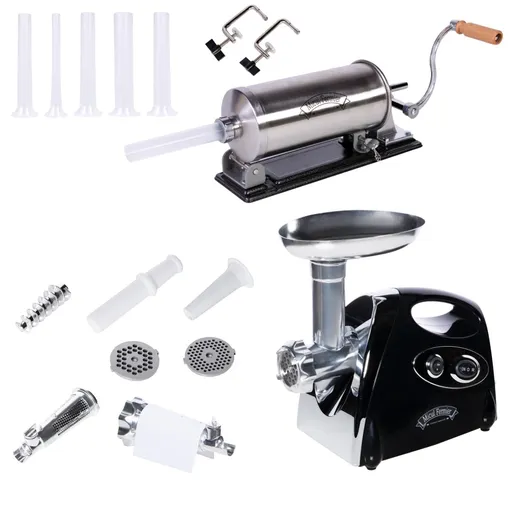 Pachet Micul Fermier, Masina de tocat carne inox, 1400W, 90Kg/h, accesorii rosii si carnati incluse + Masina de Umplut Carnati Inox, 3Kg, orizontal, 5