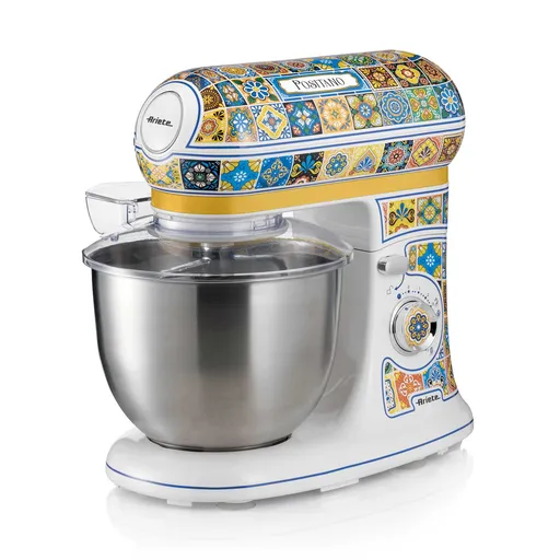 Mixer planetar Ariete Positano 1588/0P, 2400W, 5.5 L, 7 viteze, Pulse, Design retro, Accesorii, Alb/Galben