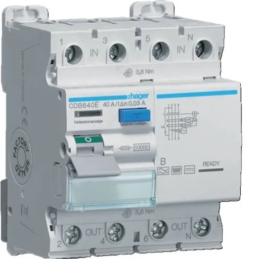 Intrerupator diferential RCCB 3P+N 40A/30mA 10kA tip A Hager CDB640E