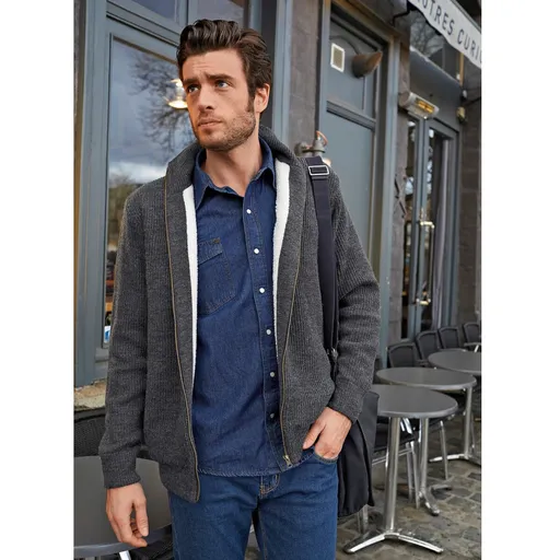 Cardigan căptușit călduros, tricotat fin cu 30% lână