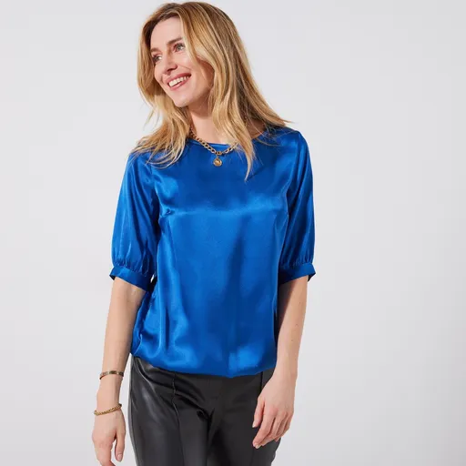 Bluză din satin cu decolteu rotund și mâneci până la cot