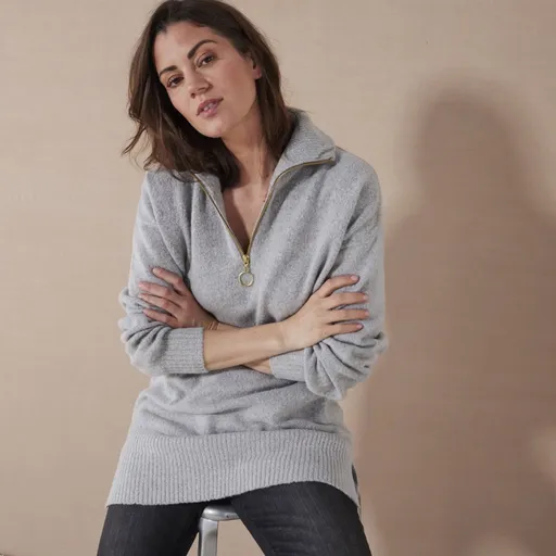 Pulover lung cu guler ridicat și fermoar