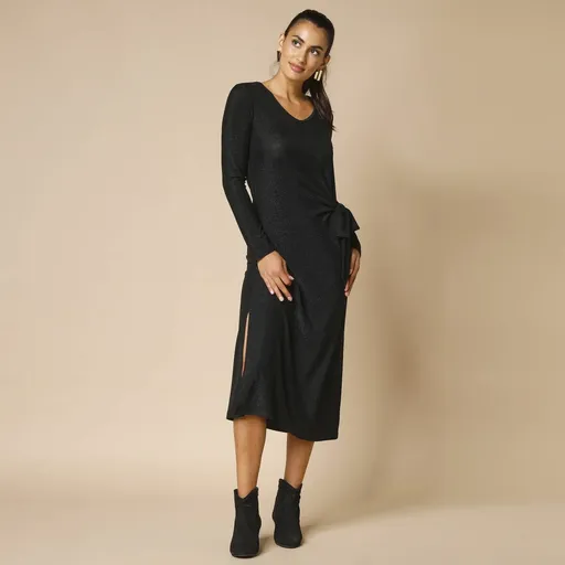 Rochie din material tricotat lucios, mâneci lungi