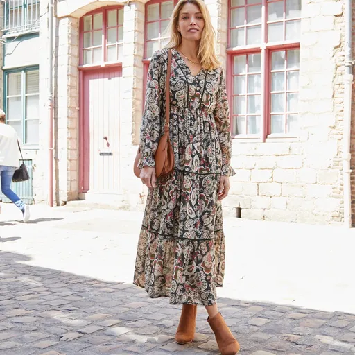 Rochie lungă cu volane cu imprimeu, crep