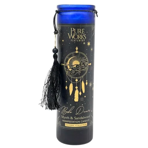 Lumânare organică Arome Myrrh&Sandalwood 300 gîntr-un pahar înalt colorat cu panglică, albastru închis