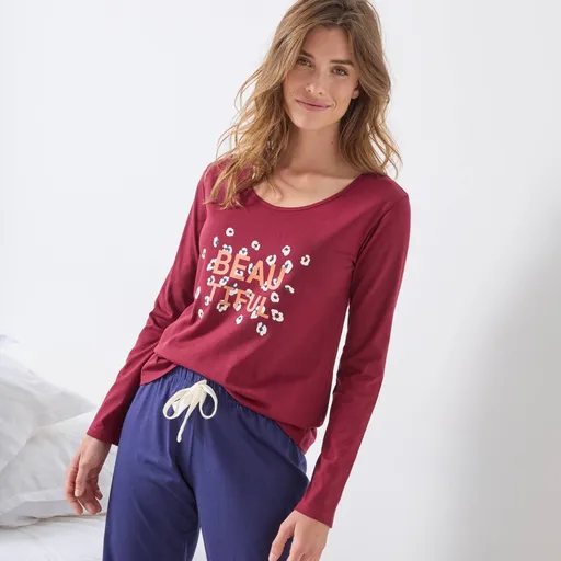 Top de pijama cu mânecă lungă și imprimeu central frumos