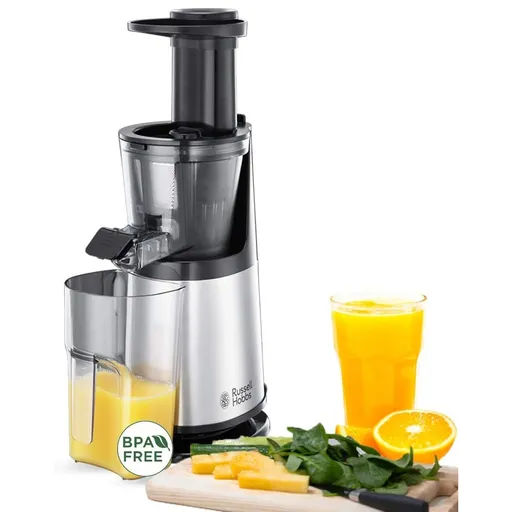 Storcator de fructe si legume Russell Hobbs 25170-56, 150 W, 3 site, 0.7 L,  Miscare inversa, Presare la rece, Inox/Negru