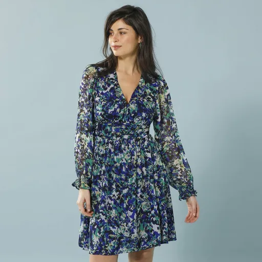 Rochie scurtă din voal cu imprimeu, pentru siluetă mică