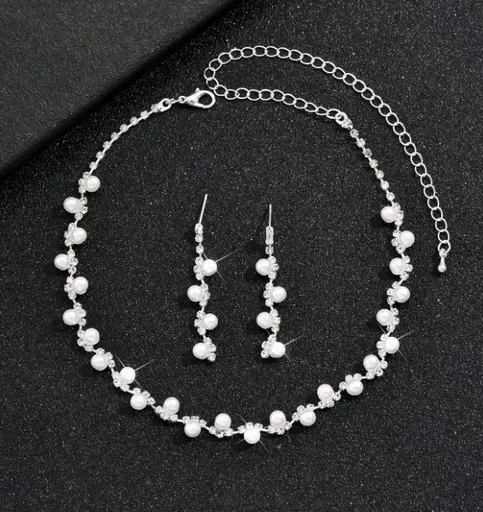 Set Bijuterii Mireasa cu Perle, Colier si Cercei