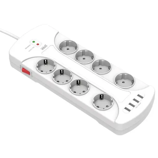 Prelungitor Well, 8 prize, 3m, 4x USB, cu protectie la suprasarcina si supratensiune, cablu 3x1.5mmp
