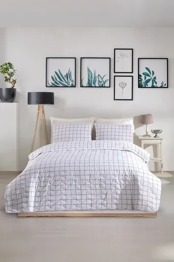 Set cuvertura de pat dubla 3 piese, L'essentiel Maison, Artus, Gri/Alb