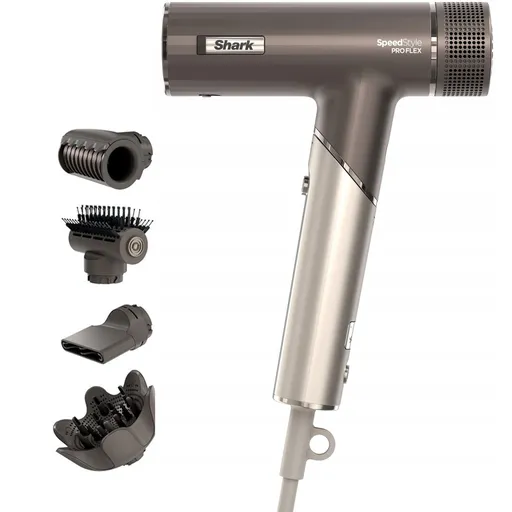 Uscator de par 4in1 Shark SpeedStyle Pro FLEX HD542EU, 1750W, 4 setari de temperatura, 3 viteze, Aer rece, Ionizare, Protectia scalpului, Mocha silver