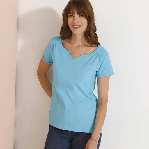 Tricou de culoare solidă cu decolteu tunisian