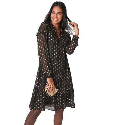 Rochie din voal cu volane și imprimeu auriu