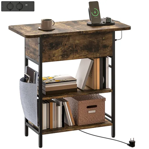 HOMCOM Măsuță de cafea măsuță de cafea cu stație de încărcare și buzunar de depozitare, 60 x 29,8 x 58,5 cm, brun rustic | Aosom Romania