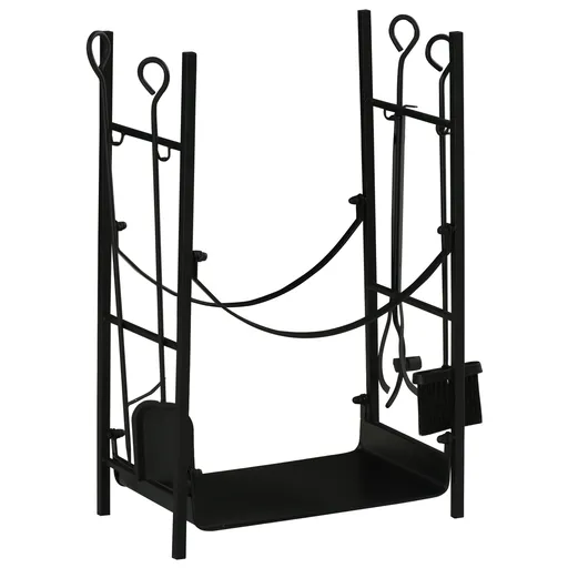 Suport pentru Lemne de Interior si de Exterior din Metal cu Lopata, Matrua, Vatrai si Cleste, Negru, max 70 kg de Lemne Outsunny | Aosom Romania