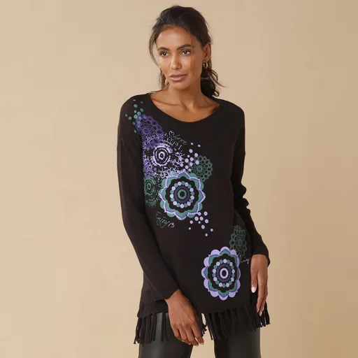 Pulover cu franjuri și imprimeu