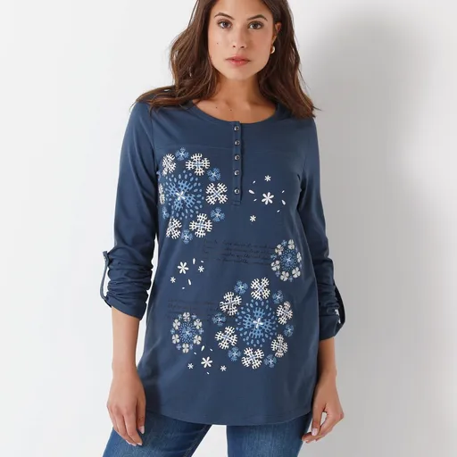 Tunică cu decolteu cu nasturi și imprimeu