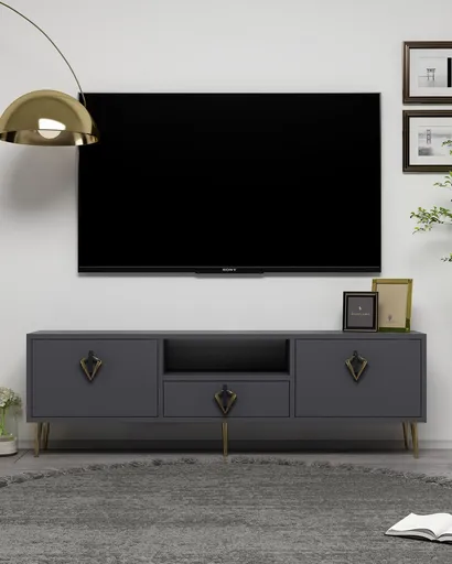 Comoda TV, Hanah Home, 1311-DROP-32, 140x45x30 cm, PAL , Antracit / Negru / Auriu